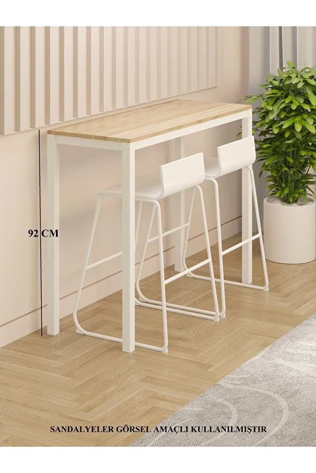 Safir Meşe Bar Masası, 45x116, Yüksek Bar Masası, Mutfak Masası, Metal Ayak, Ahşap Yemek Masası 92cm